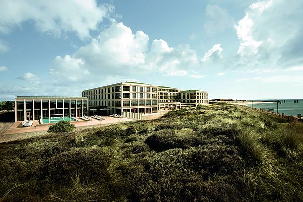 Blick aus den Dünen auf das A-ROSA Resort Sylt.