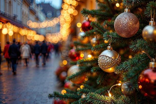 A christmas tree on a christmas market can be seen
