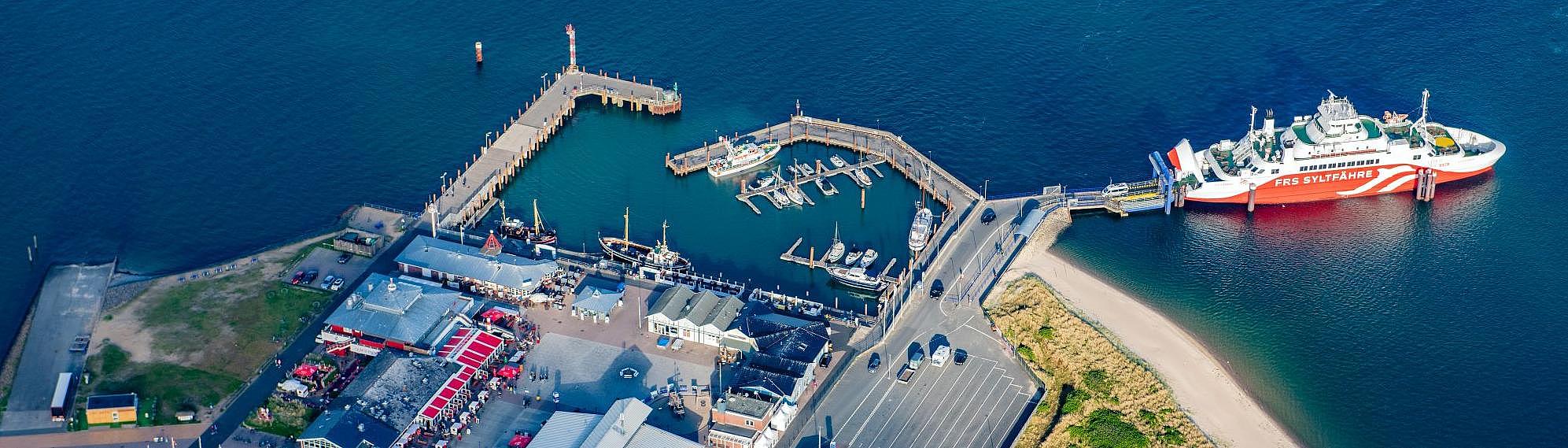 Aerial view of the port of List, Sylt, SyltExpress at the ferry terminal