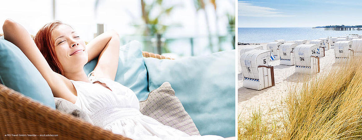 Collage aus einem Bild der Langen Anna, einem Bild einer Frau auf einem Sofa und eiem Bild eines Strandes mit Strandkörben.