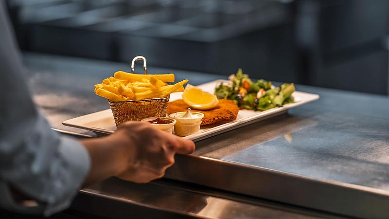 Schnitzel and chips from the on-board restaurant.