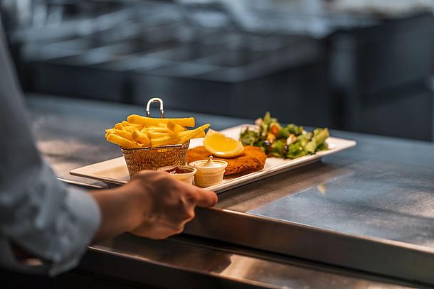 Schnitzel and chips from the on-board restaurant.