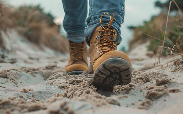 A pair of shoes walking through the sand can be seen.