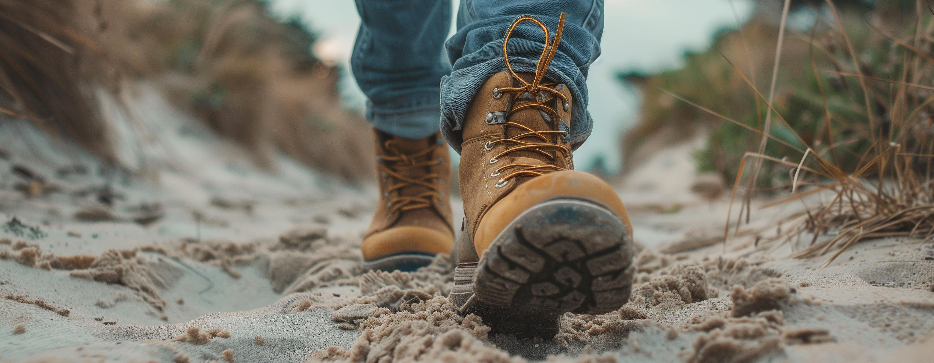 A pair of shoes walking through the sand can be seen.