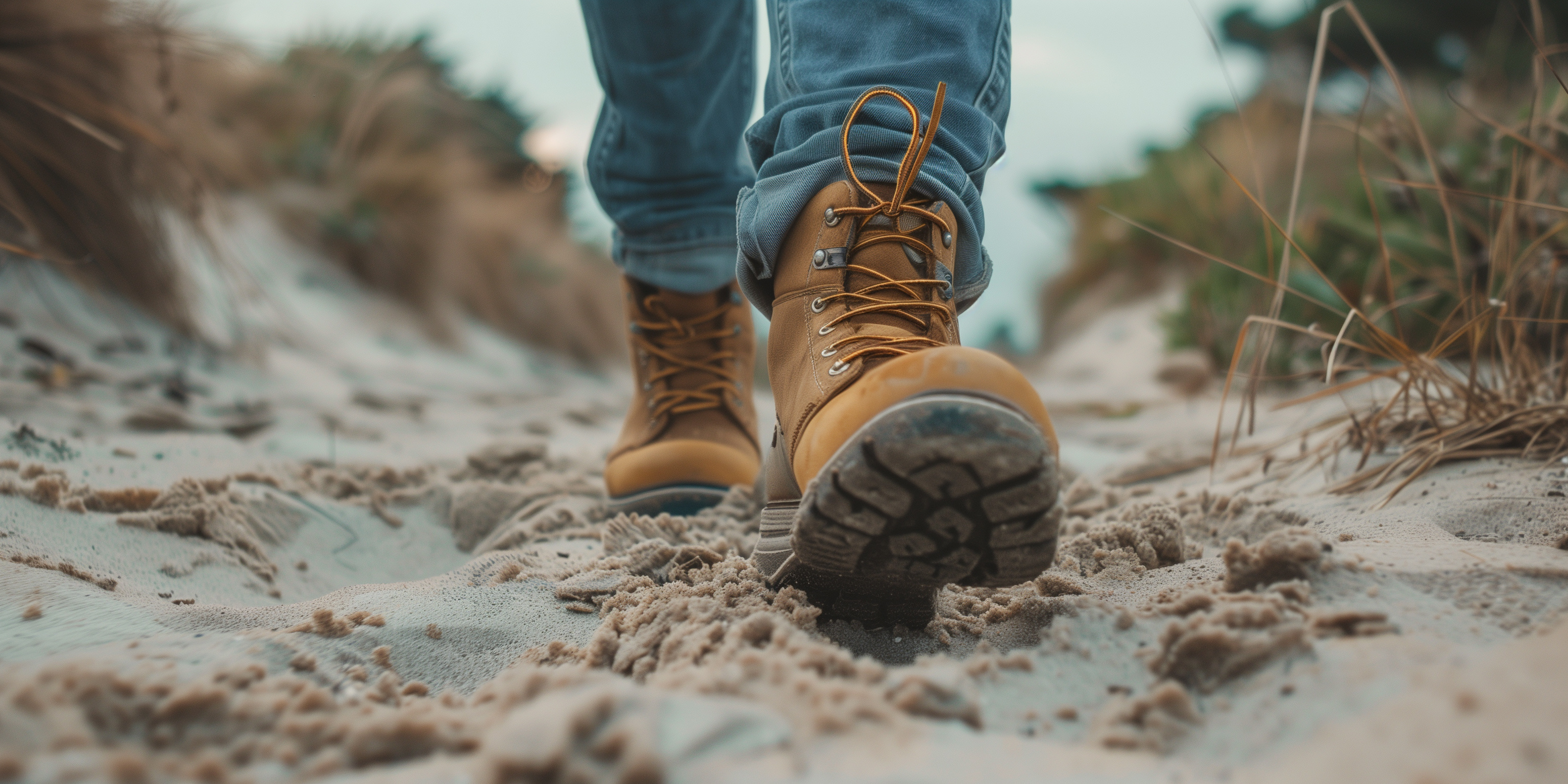 A pair of shoes walking through the sand can be seen.